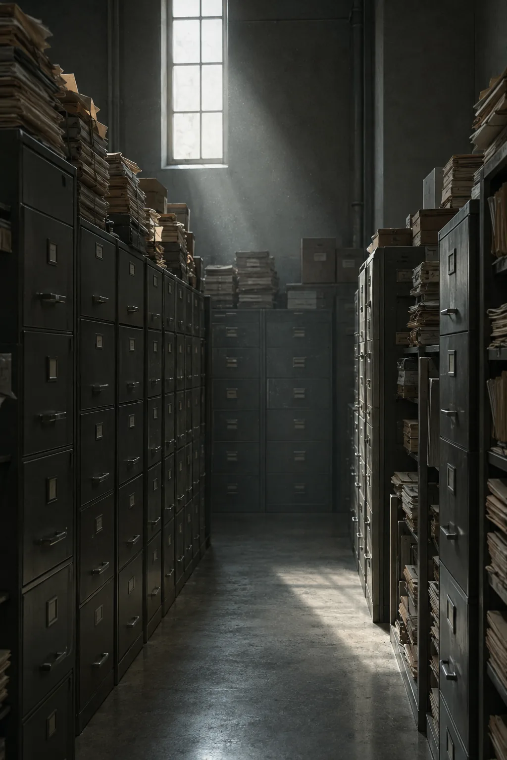 Rows of archival filing cabinets and stacked paper case files in a dim records room, lit by one shaft of daylight.