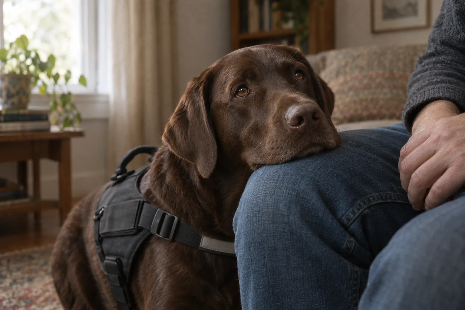 A chocolate Labrador in a service harness resting its head on a seated man's knee in soft window light.